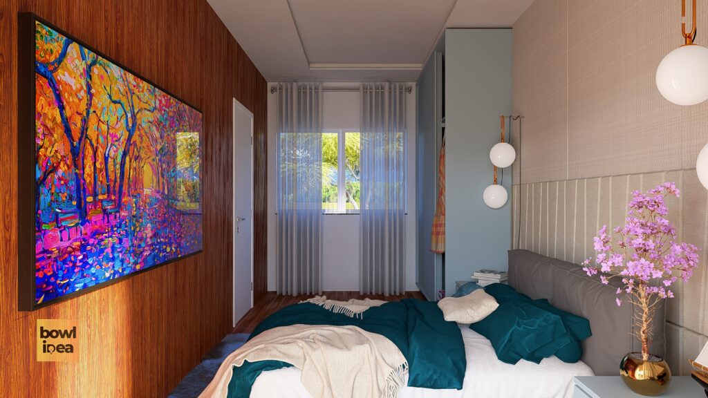 Quarto aconchegante e moderno com iluminação natural