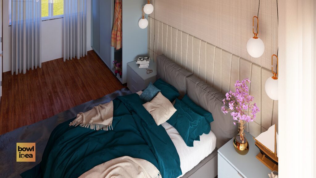 Quarto aconchegante e moderno com iluminação natural