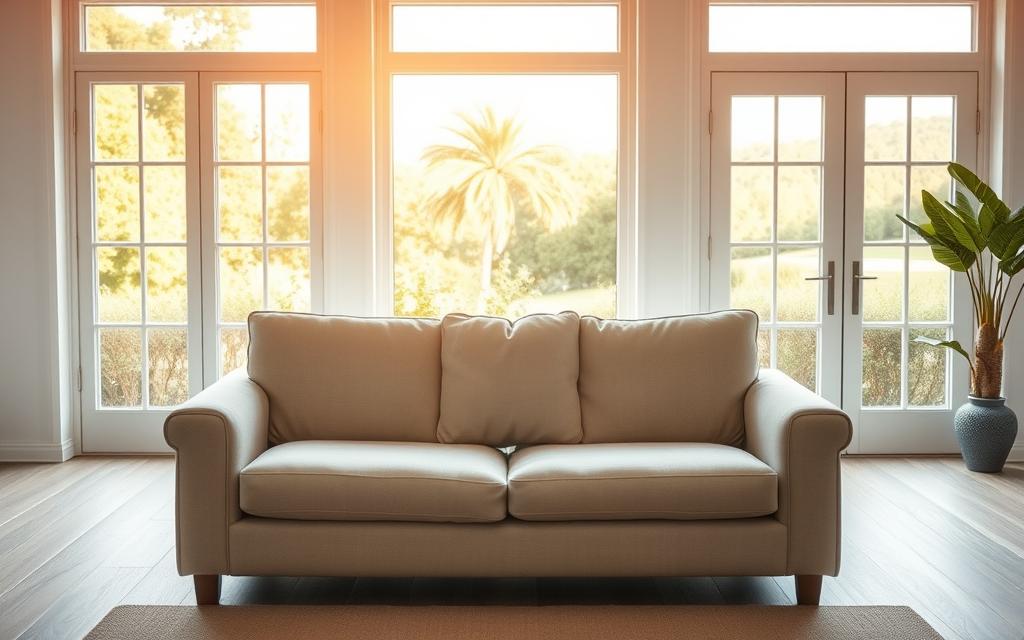 sofá perto de janelas e portas