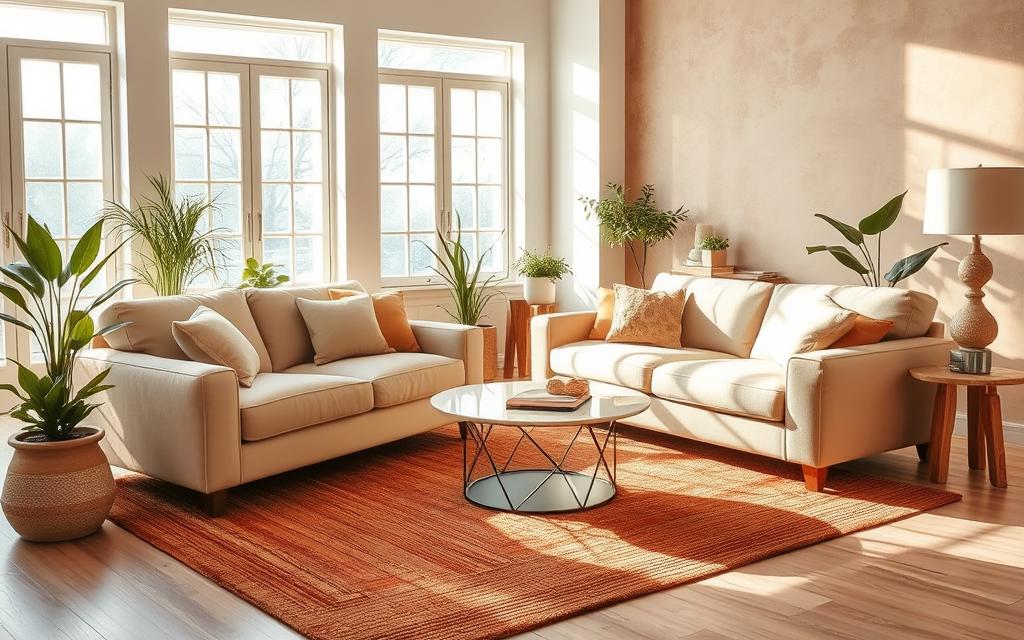 tons terrosos e sofás neutros na decoração sala de estar